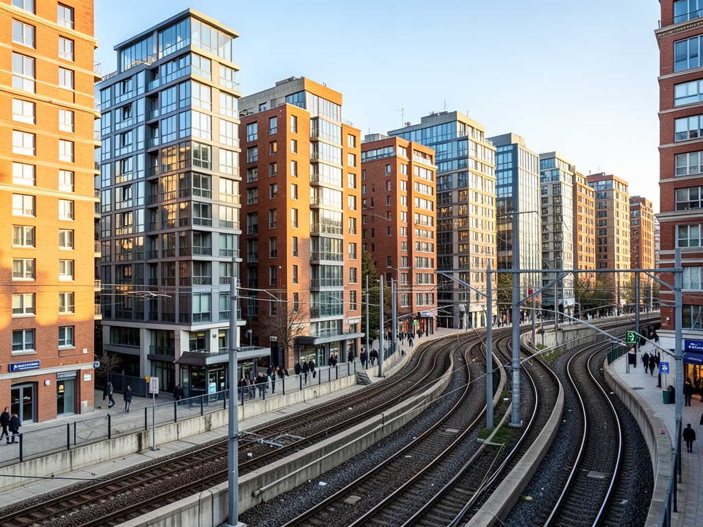 Dense mid rise brick glass apartment blocks clustered around