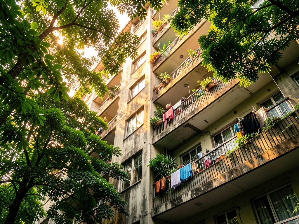 Sunlight filters through dense canopy mid rise apartment complex