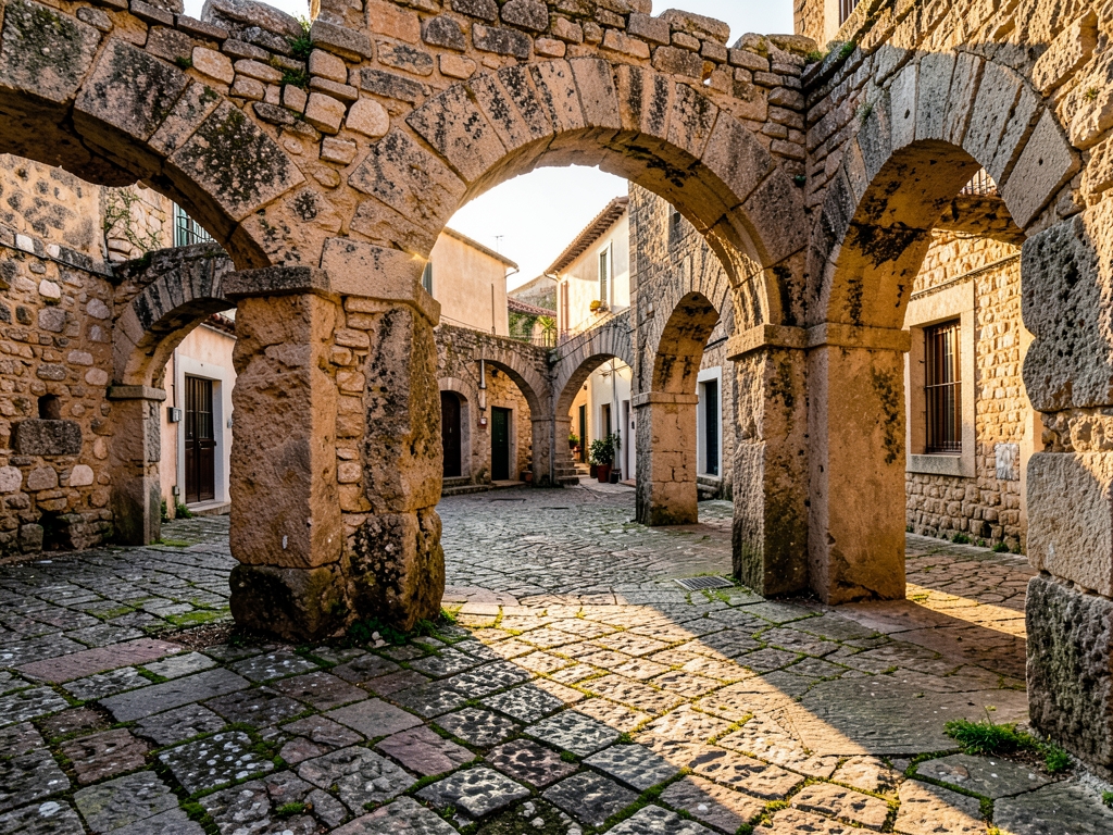Sunlight filtering through ancient stone arches Mediterranean coastal