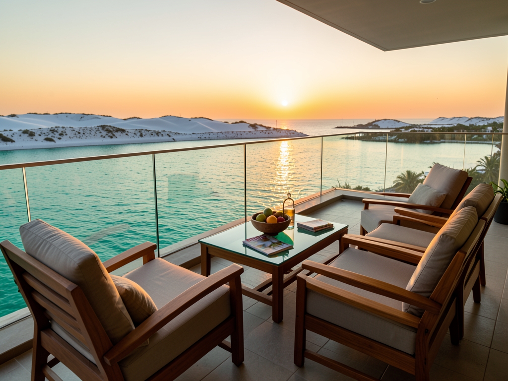 Sunset light spills across spacious Gulf front balcony with