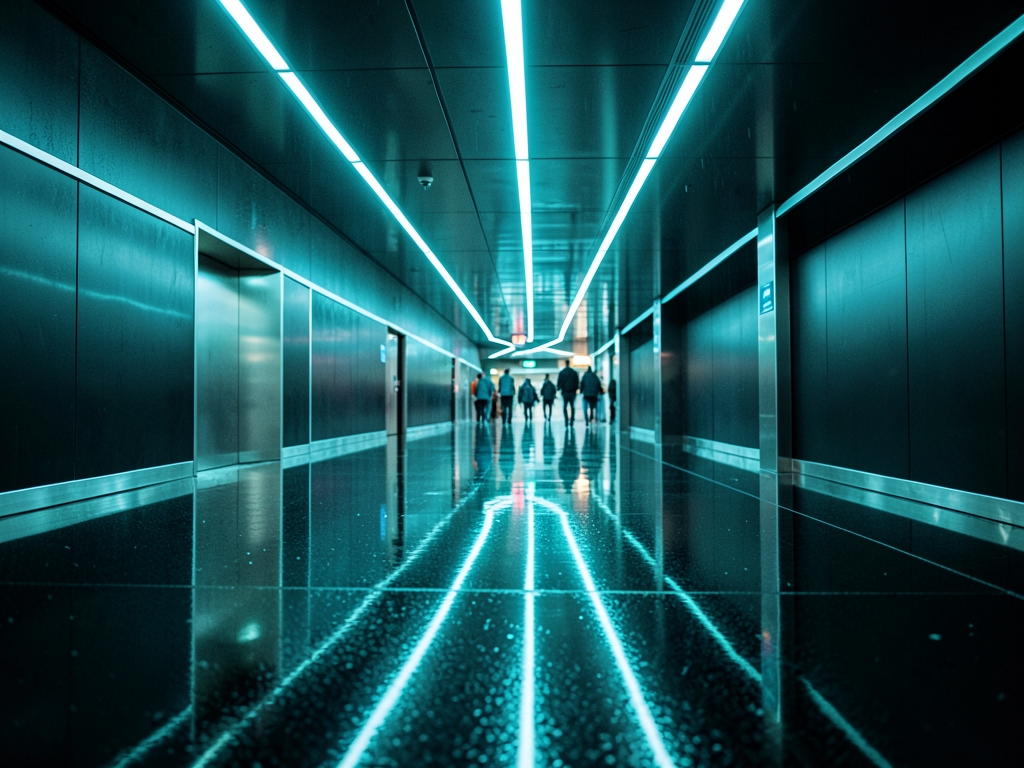 rain slicked transit hall with polished obsidian floors reflecting