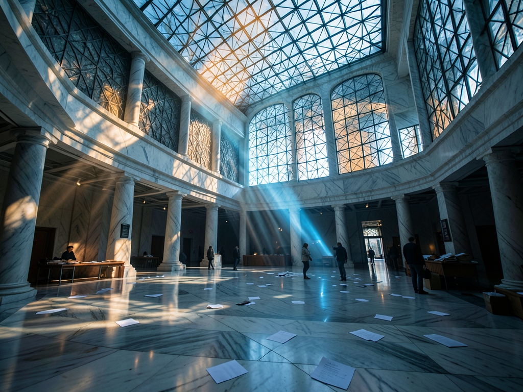 vast marble atrium with geometric glass panels filtering