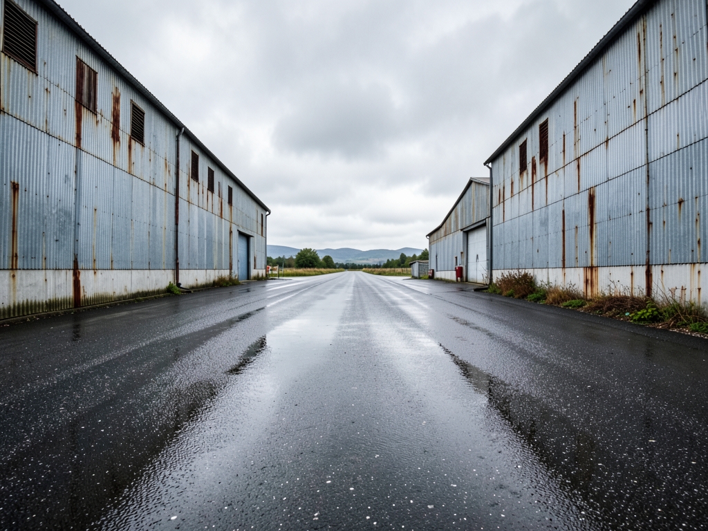 Gray asphalt stretches under heavy overcast sky flanked