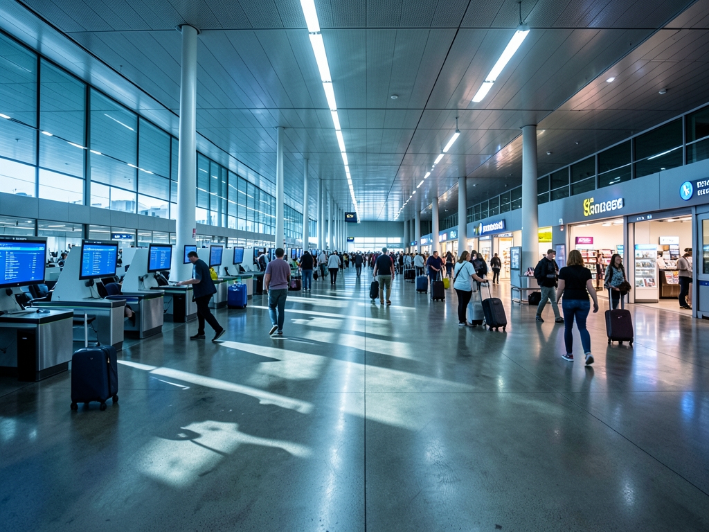 vast airport terminal with polished concrete floors harsh