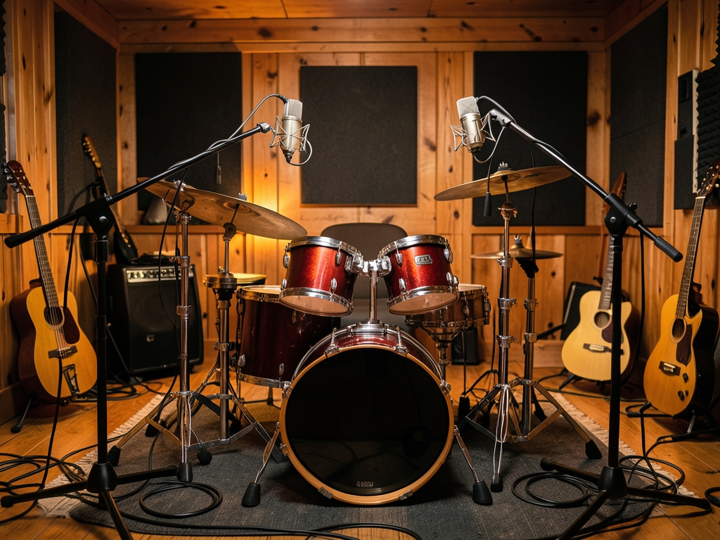 Warm wooden home studio interior with drum microphones