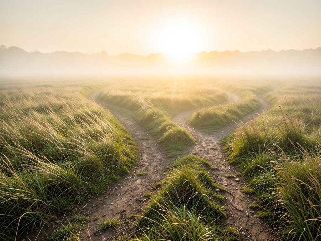 Misty open meadow sunrise with three winding dirt