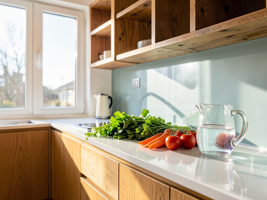 Bright modern kitchen interior with natural wood glass