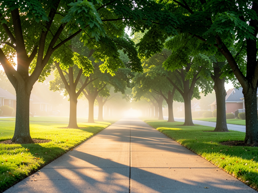 Quiet suburban walking path sunrise through green trees