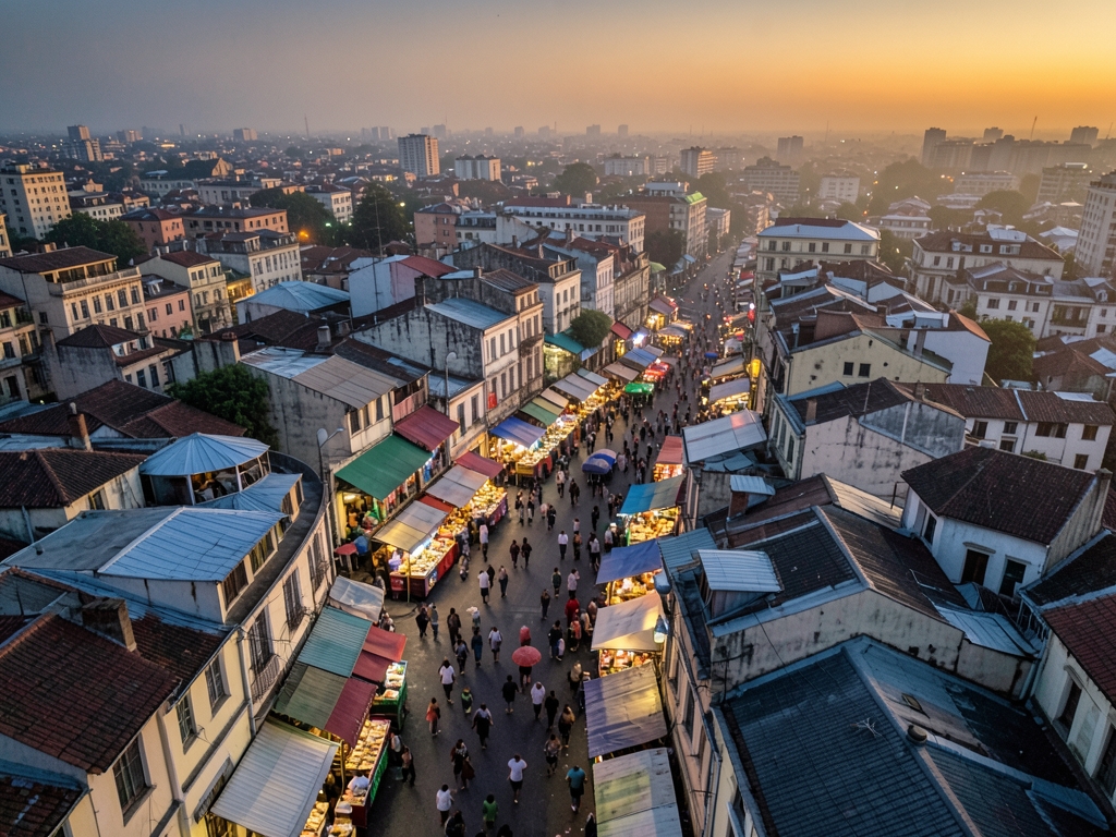 Aerial view dense city food district dusk with