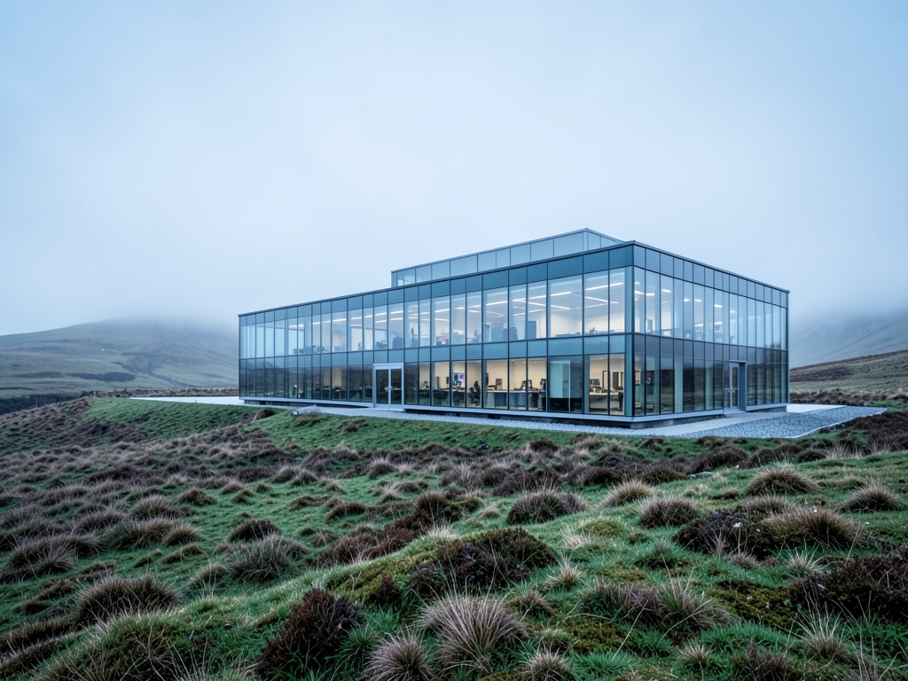 sleek modern glass and steel research laboratory edge misty English