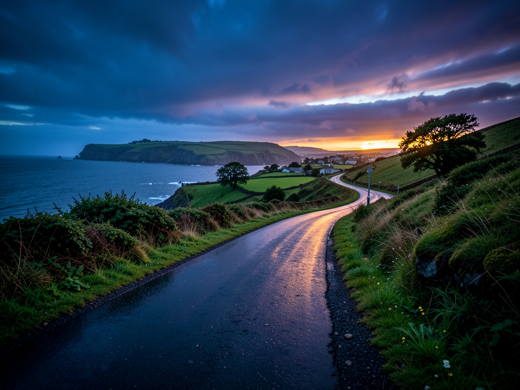rain soaked coastal road winding through British countryside dusk