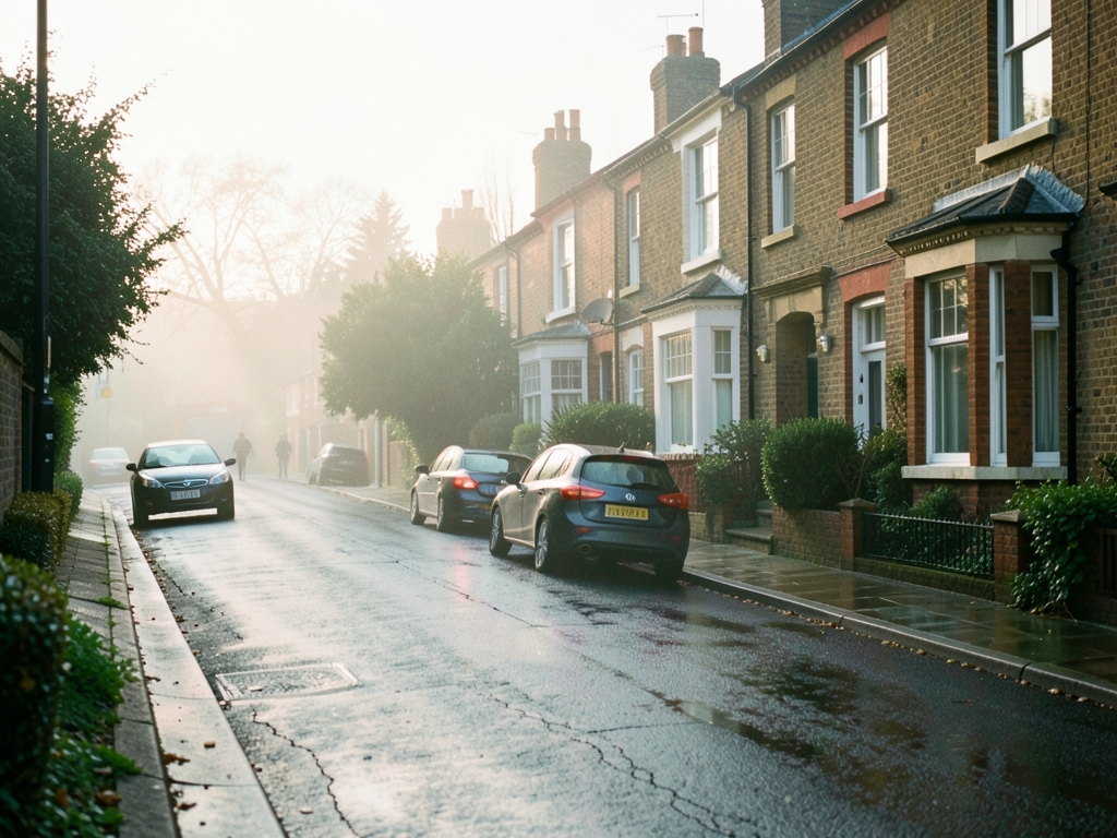 quiet British suburban street dawn asphalt brick terraced