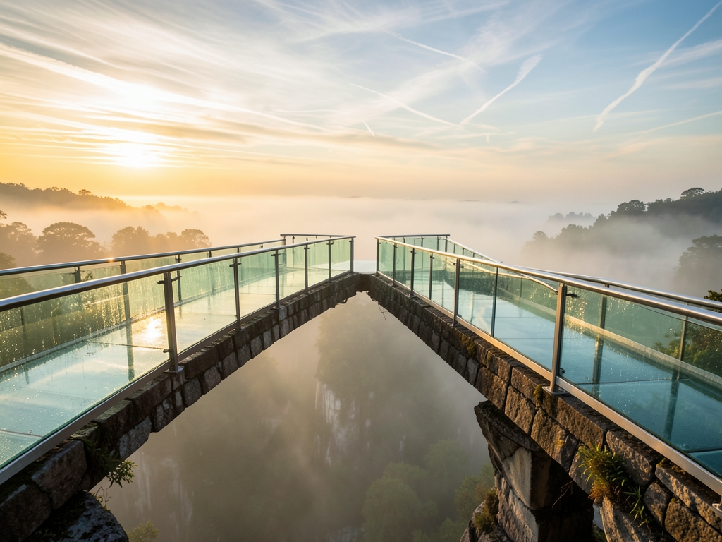 glass bridges arching over misty valley converging into