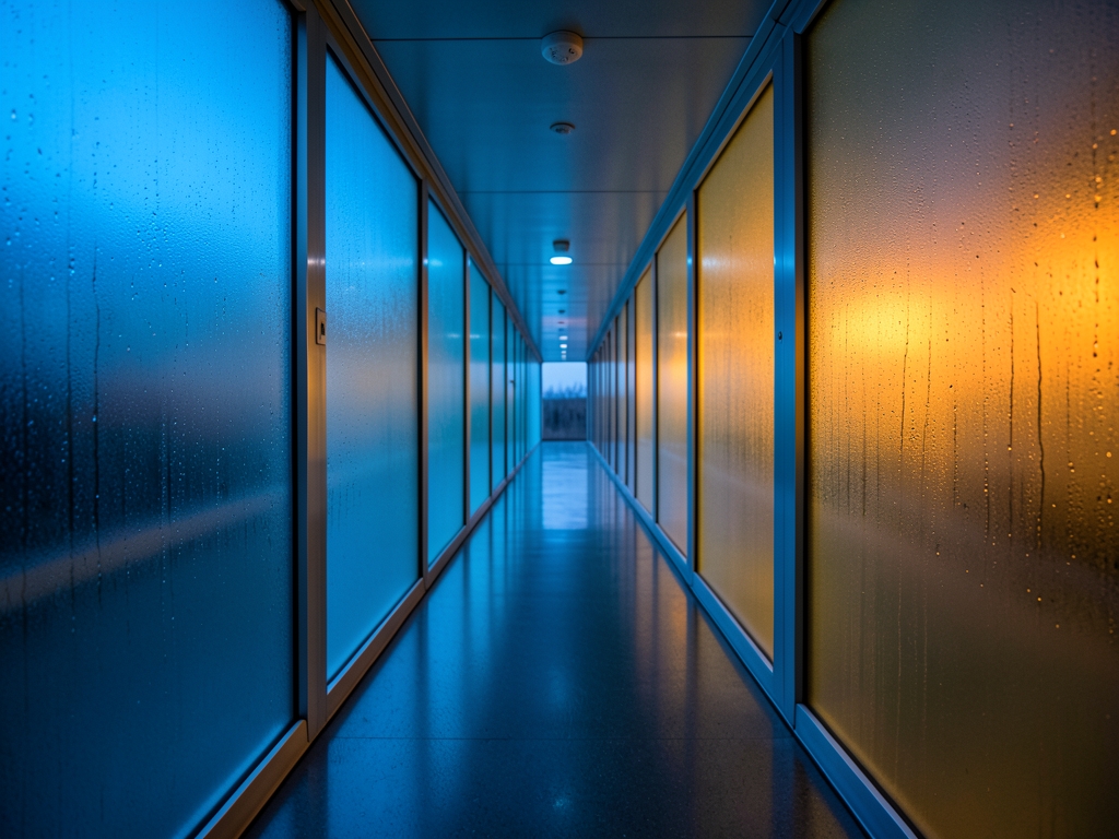 long corridor frosted glass brushed steel twilight cool