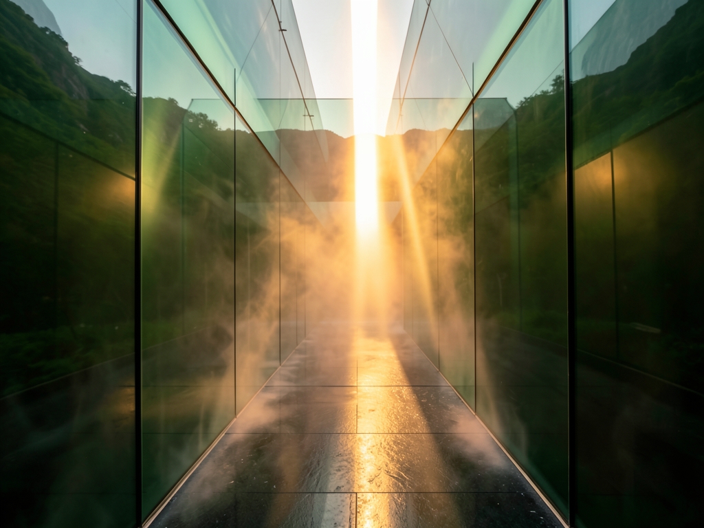 narrow glass canyon golden hour where parallel beams
