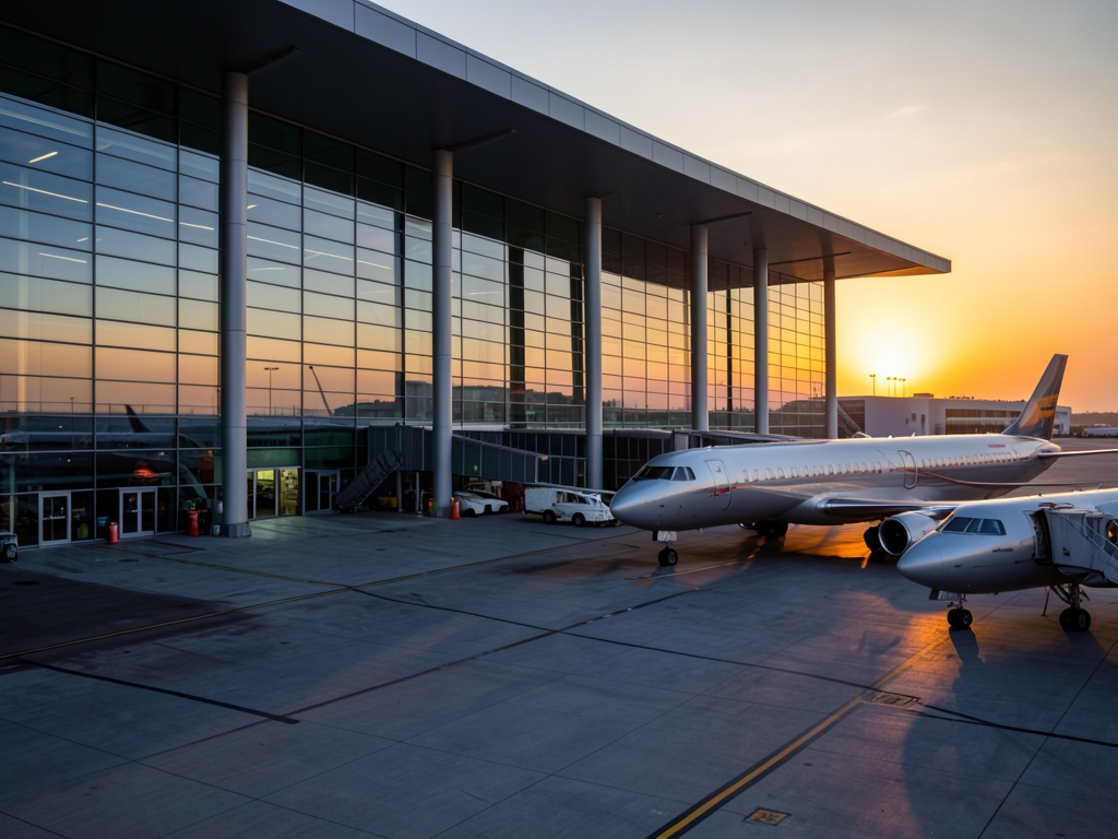 Sunset over modern airport terminal with glass facades