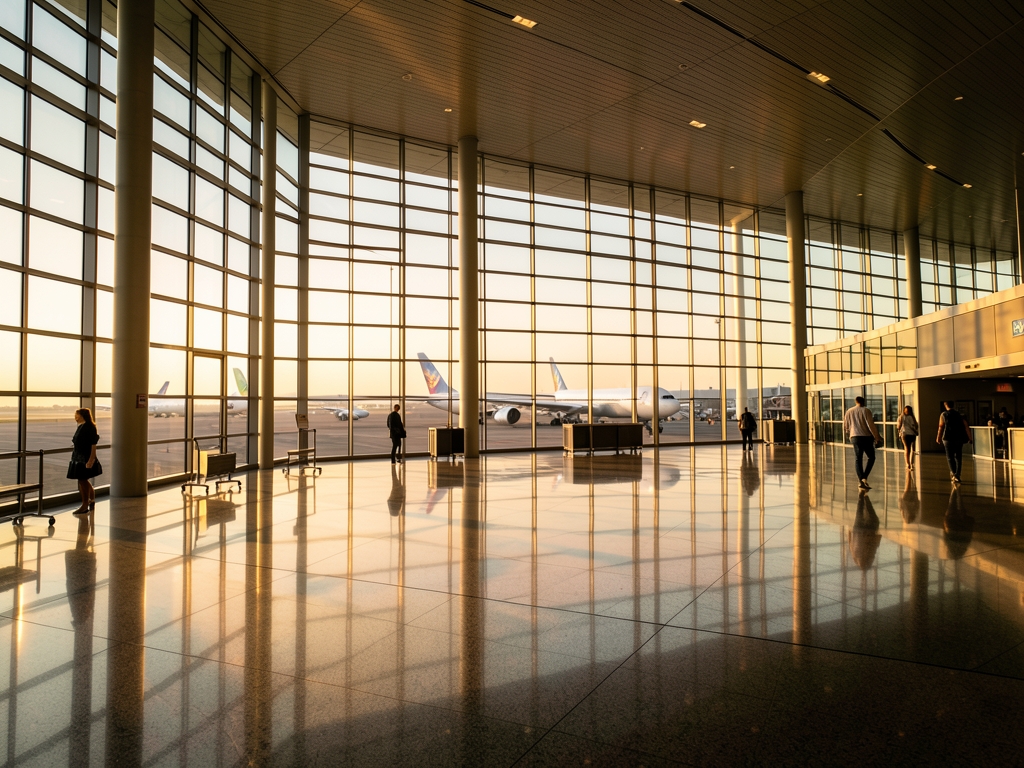 Spacious airport terminal interior with polished floors tall