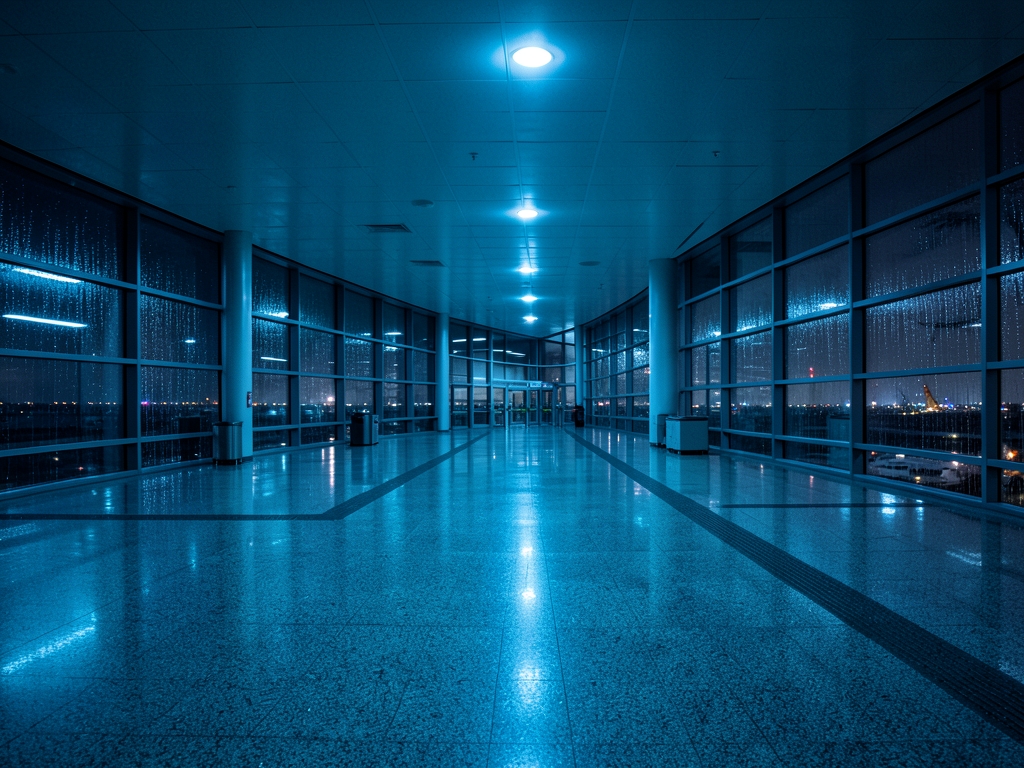 dimly airport concourse midnight under cool blue fluorescent