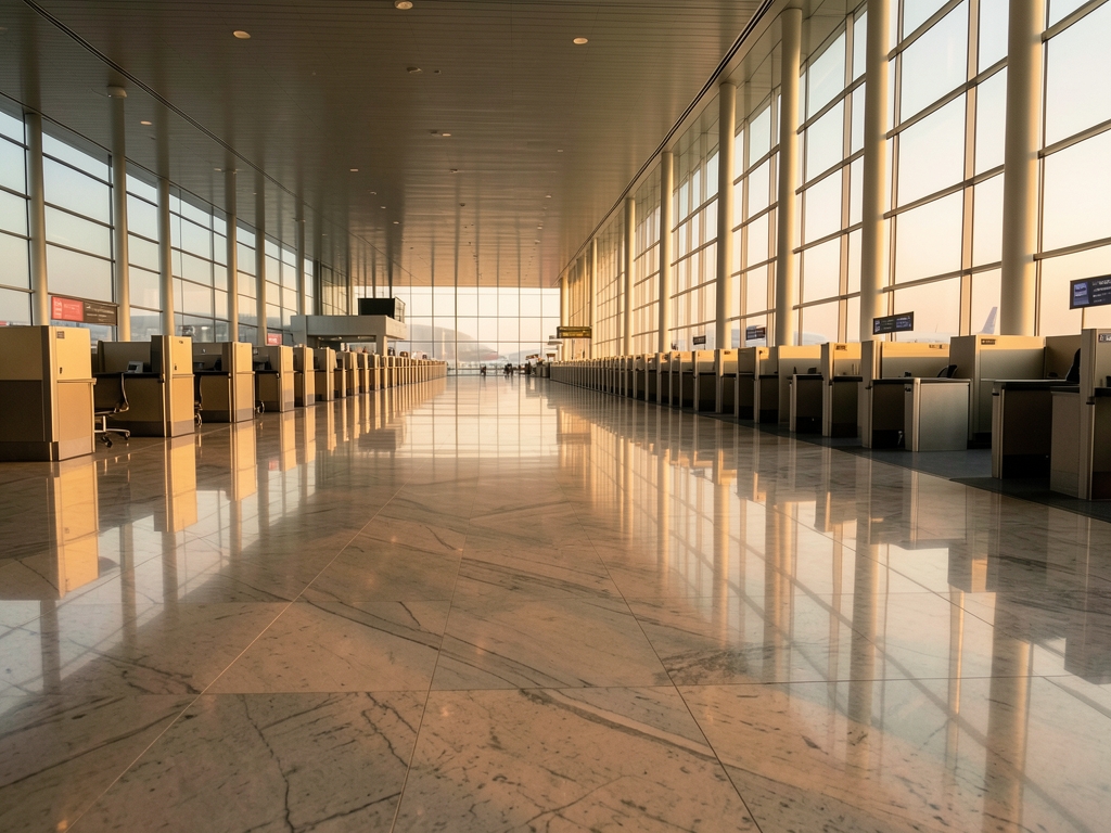 vast airport terminal dawn with soft amber light