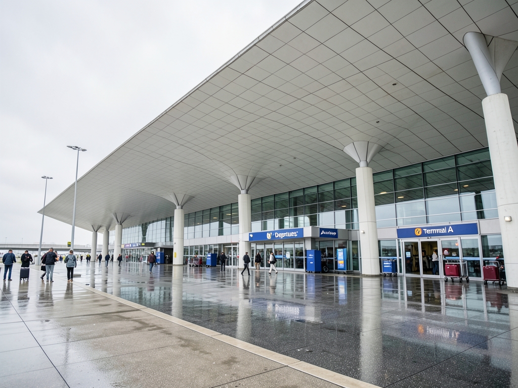 wide shot sweeping white concrete and glass roofline major airport