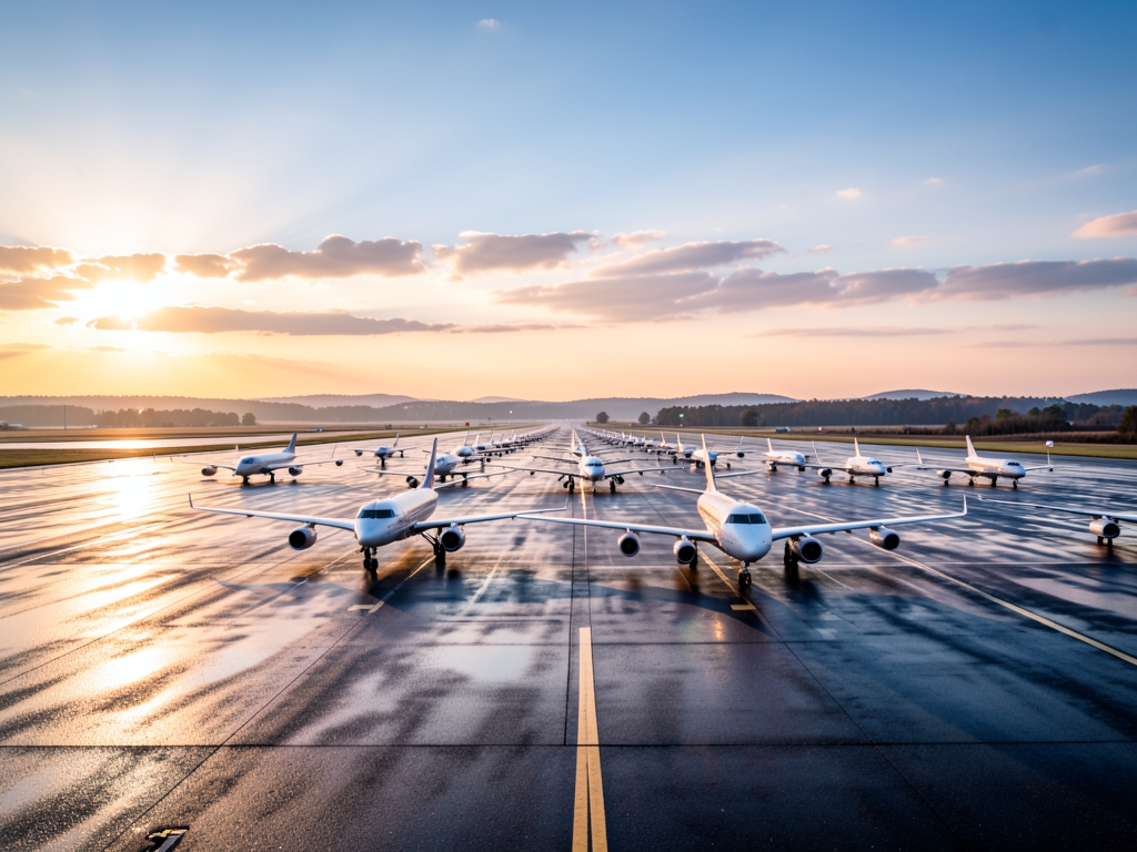 taxiway dawn with aircraft moving orderly rows across
