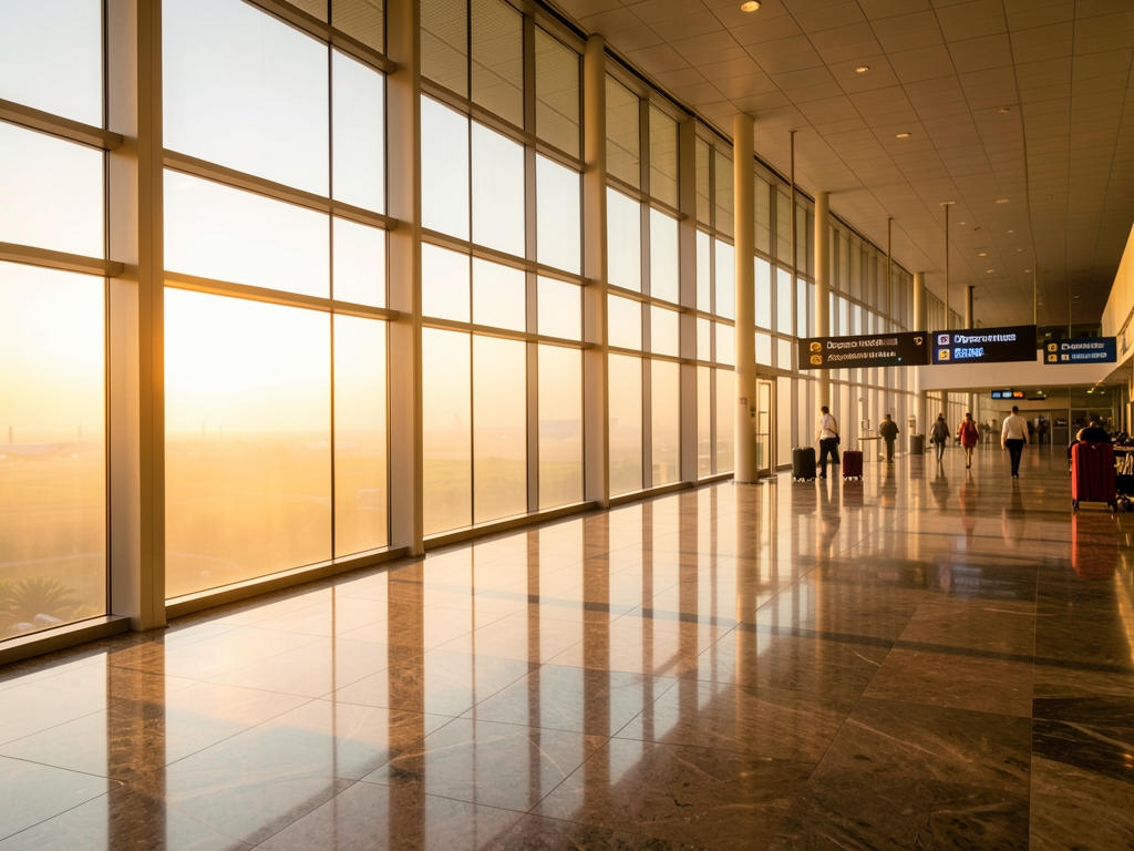 sunlit airport terminal with floor to ceiling windows casting warm