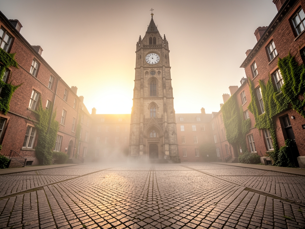 Historic university quadrangle with stone clock tower sunrise