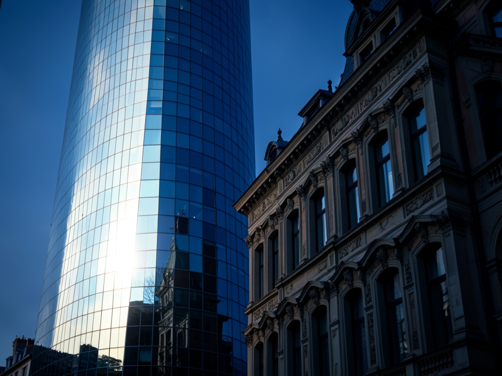 Dramatic contrast between sleek glass tower reflecting bright