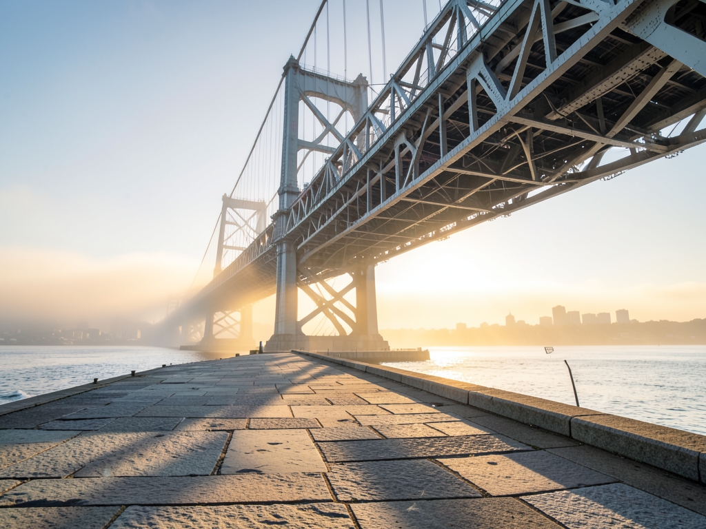 Sun drenched Francisco bridge arches rising through morning fog