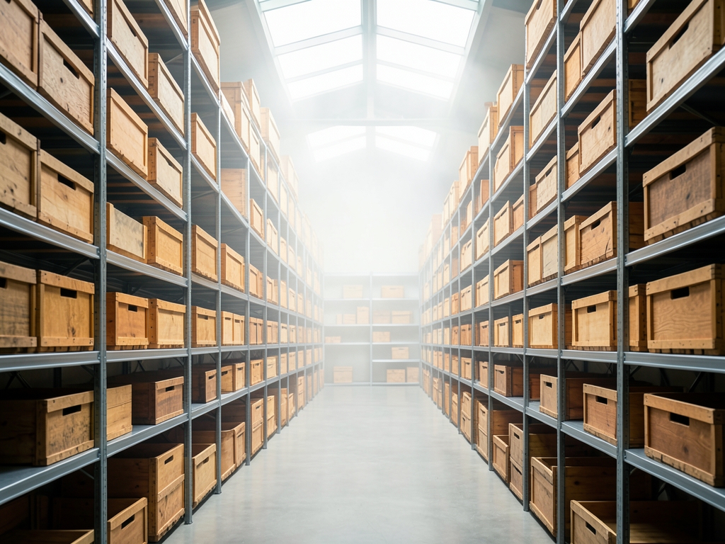 Spacious modern storage hall with towering metal shelves