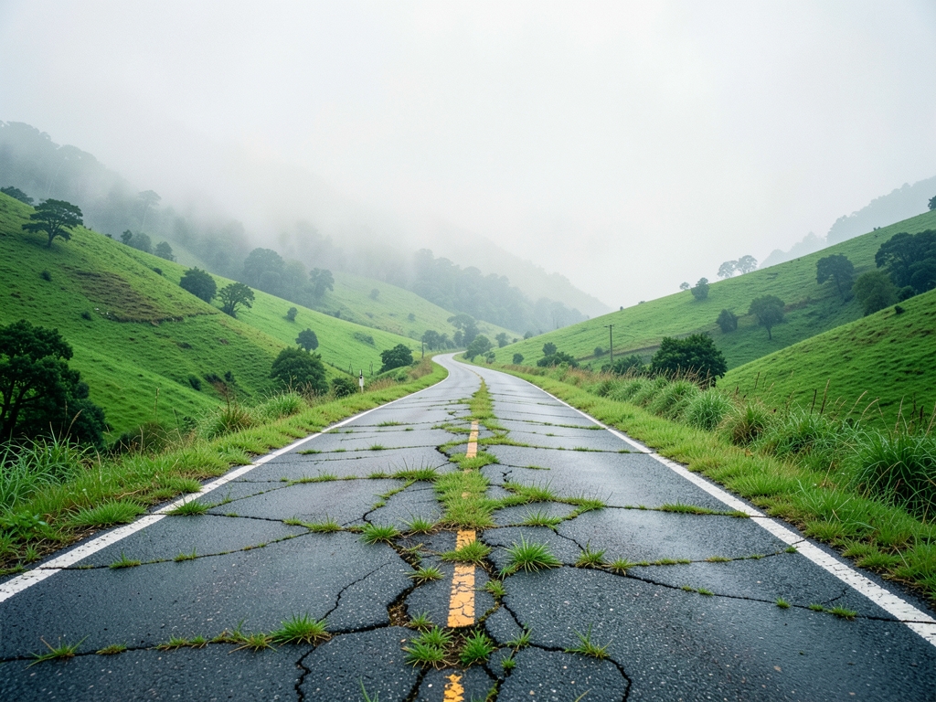 Winding countryside road through misty green hills under