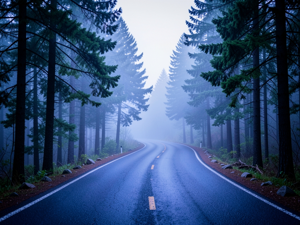 Misty mountain road forking dawn through pine forest