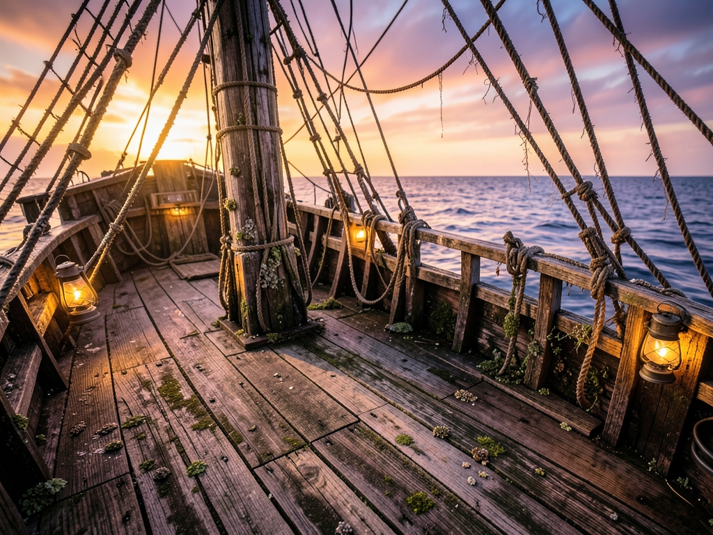 Weathered wooden pirate ship deck golden hour salt crusted