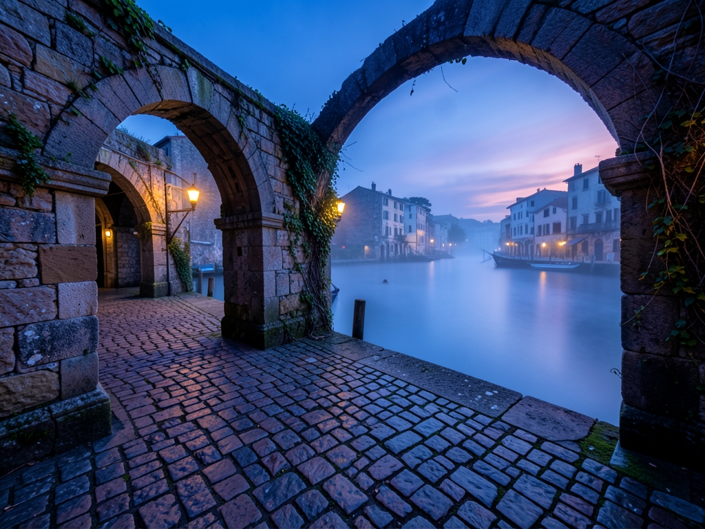Ancient harbor town twilight cobblestone quay stone arches