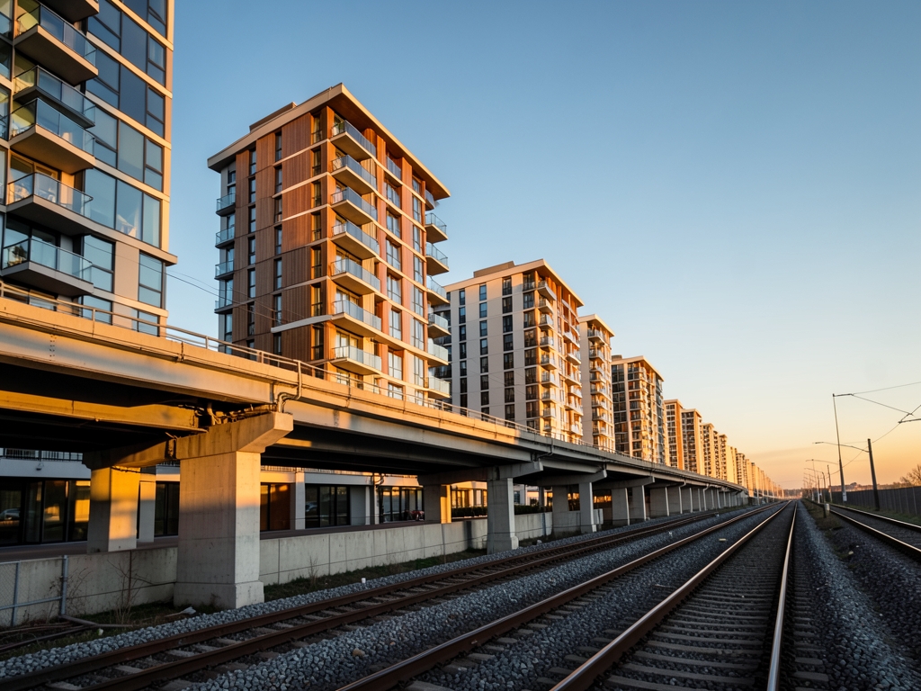 Modern mid rise apartment blocks beside elevated rail tracks