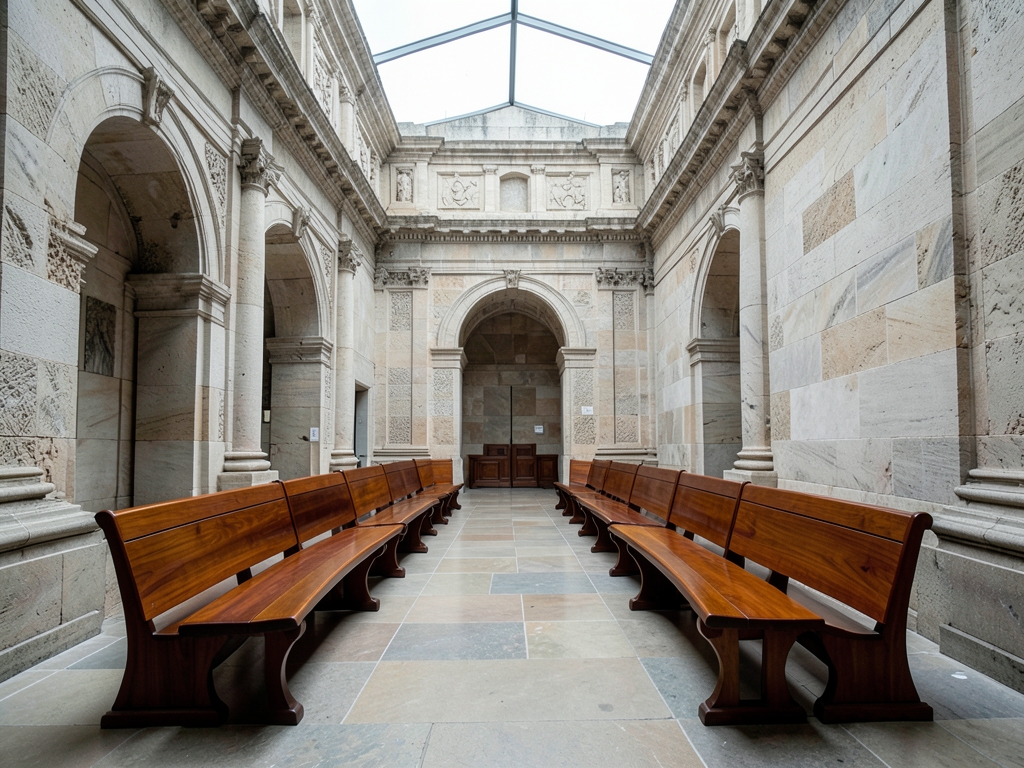 Vast stone hall with long curved wooden benches