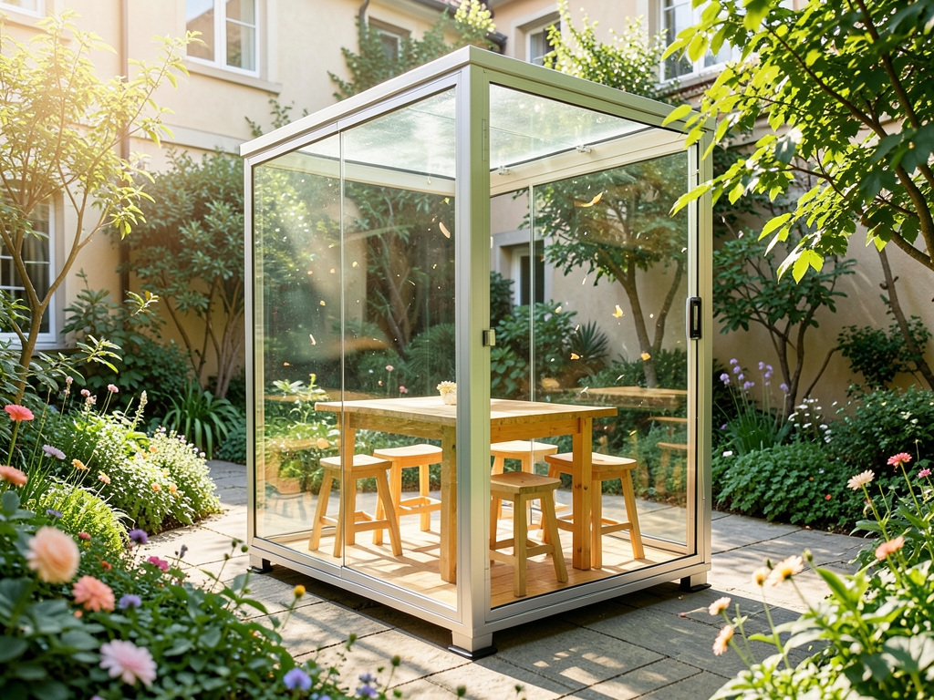 Small glass walled with plywood table stools sunlit courtyard