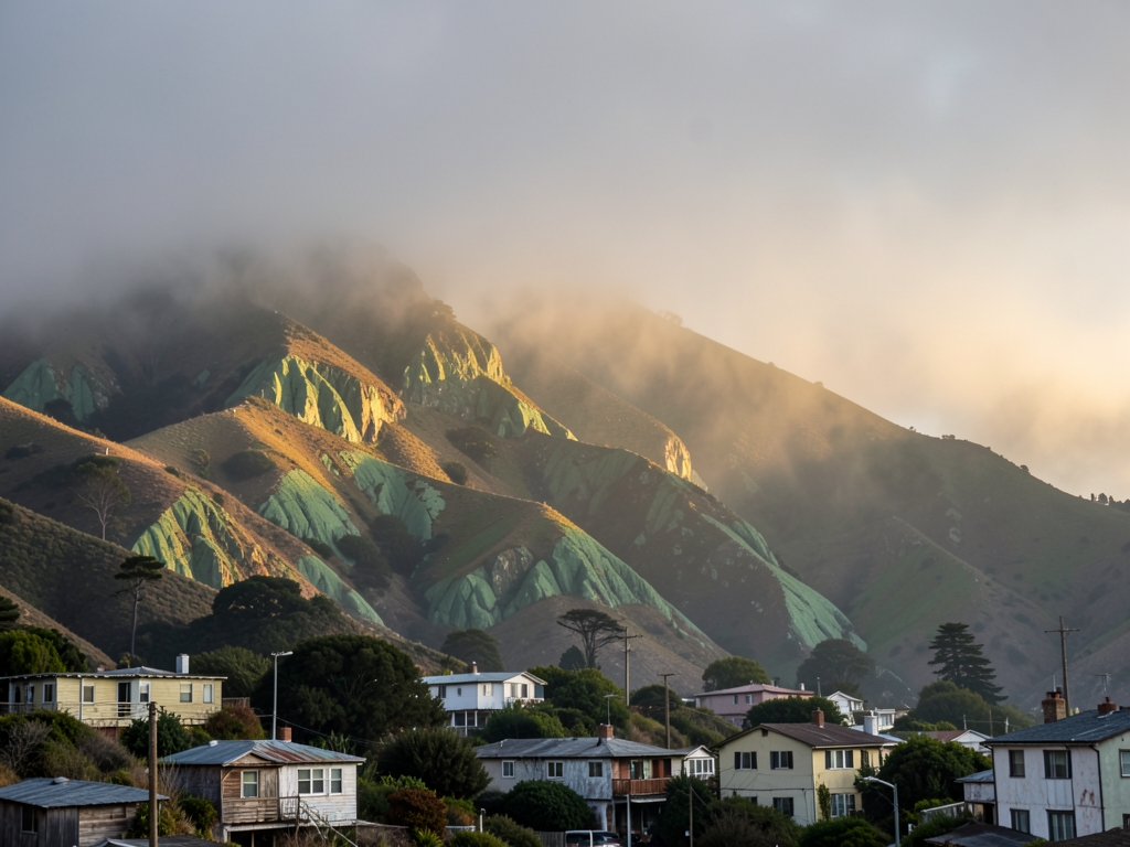 Sunlight breaks through coastal over rolling Francisco hills