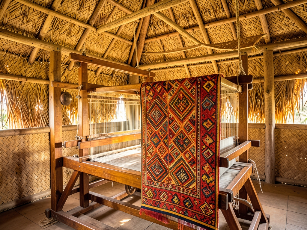 Sunlit traditional thatched house interior with wooden loom