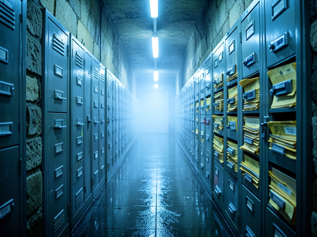 rain soaked stone corridor lined with towering steel filing