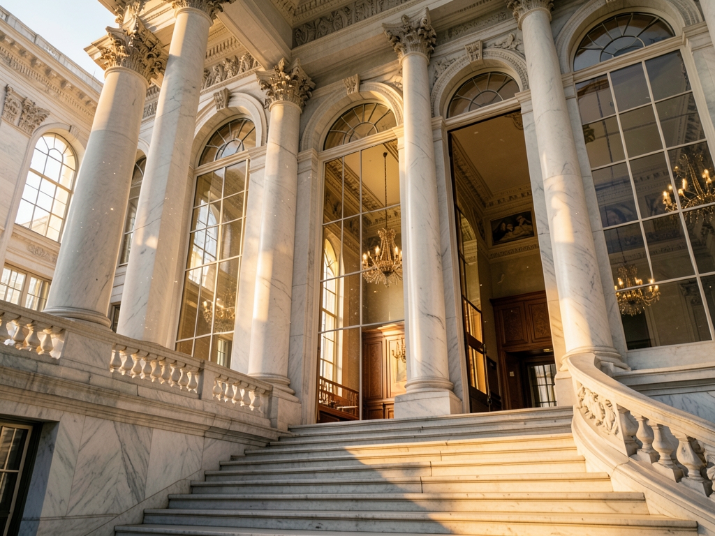 grand marble courthouse golden hour warm light filtering