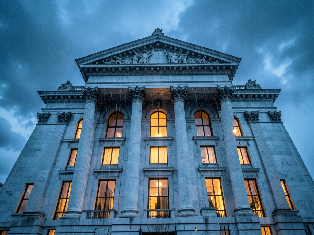towering neoclassical government building dusk rain streaking marble