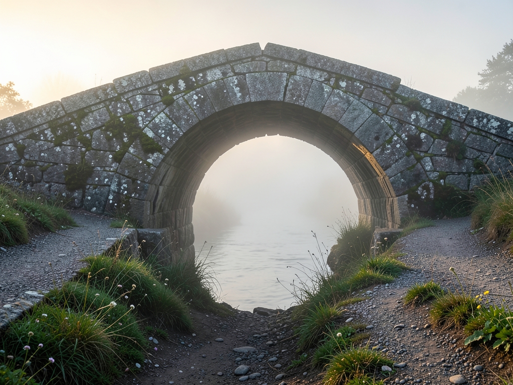 stone bridge over misty river dawn diverging paths