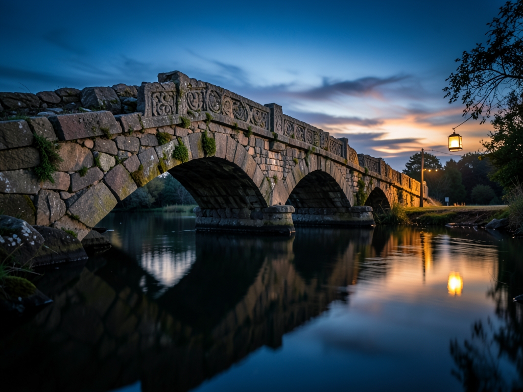 solitary stone bridge over still river twilight warm