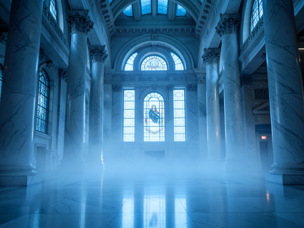 vast marble atrium federal building dawn cold blue