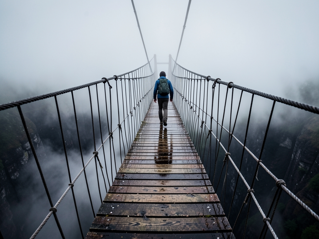 lone figure walking across wide fog covered suspension bridge