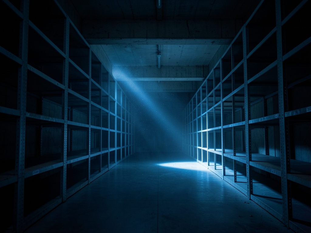 vast dimly concrete archive hall with long rows