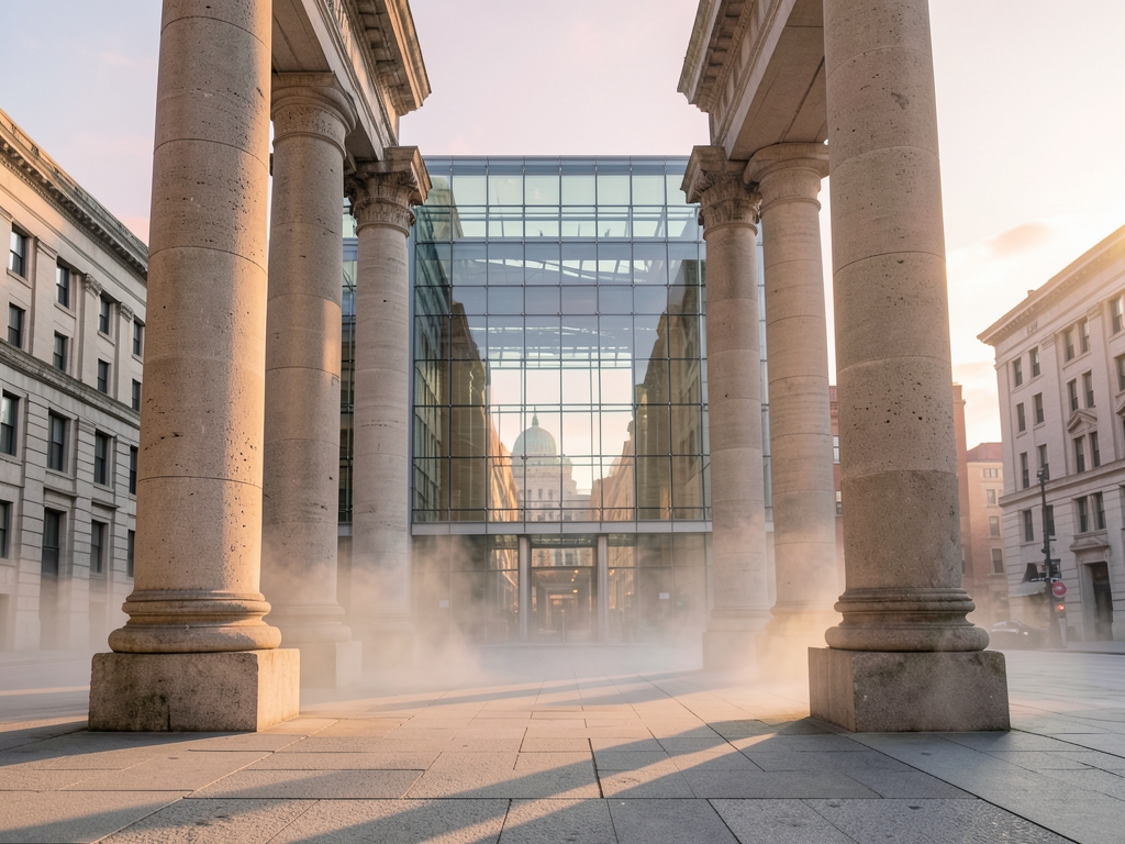 Monumental federal office plaza sunrise with limestone columns
