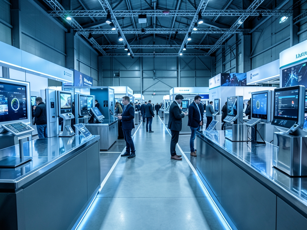 Diverging pathways through vast high tech hall sleek electronic