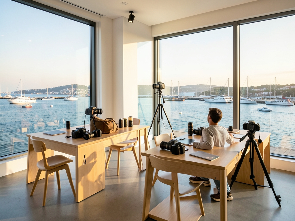 Bright open studio with light wood desks large